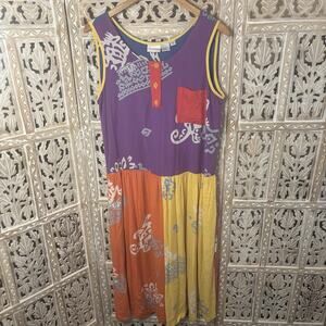 Vintage 90s batik beachy Color Block rayon Sleeveless Travel Midi dress size 10